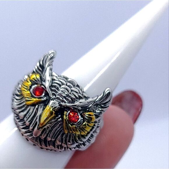 Red Eye Owl Statement Ring 3D Unisex Native American Stainless Steel Jewelry - Picture 2 of 7
